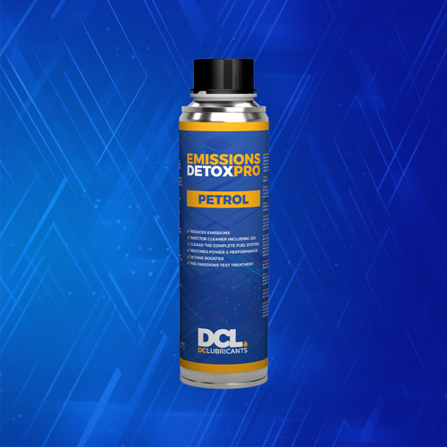 DC Lubricants EMISSIONS DETOX PRO Petrol product bottle featuring a blue and green label that highlights its capabilities, including cleaning injectors, valves, and combustion chambers, as well as being a pre-emissions test treatment.